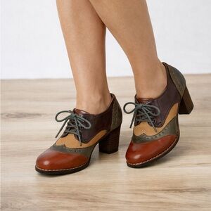L’ARTISTE Bardot Brown Leather Shoes Oxford Heel Size 7.5